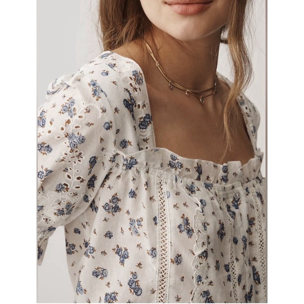 NWT Anthropologie Puff-Sleeve Eyelet Top Cotton Ivory Blue Floral Size Large - Picture 4 of 13